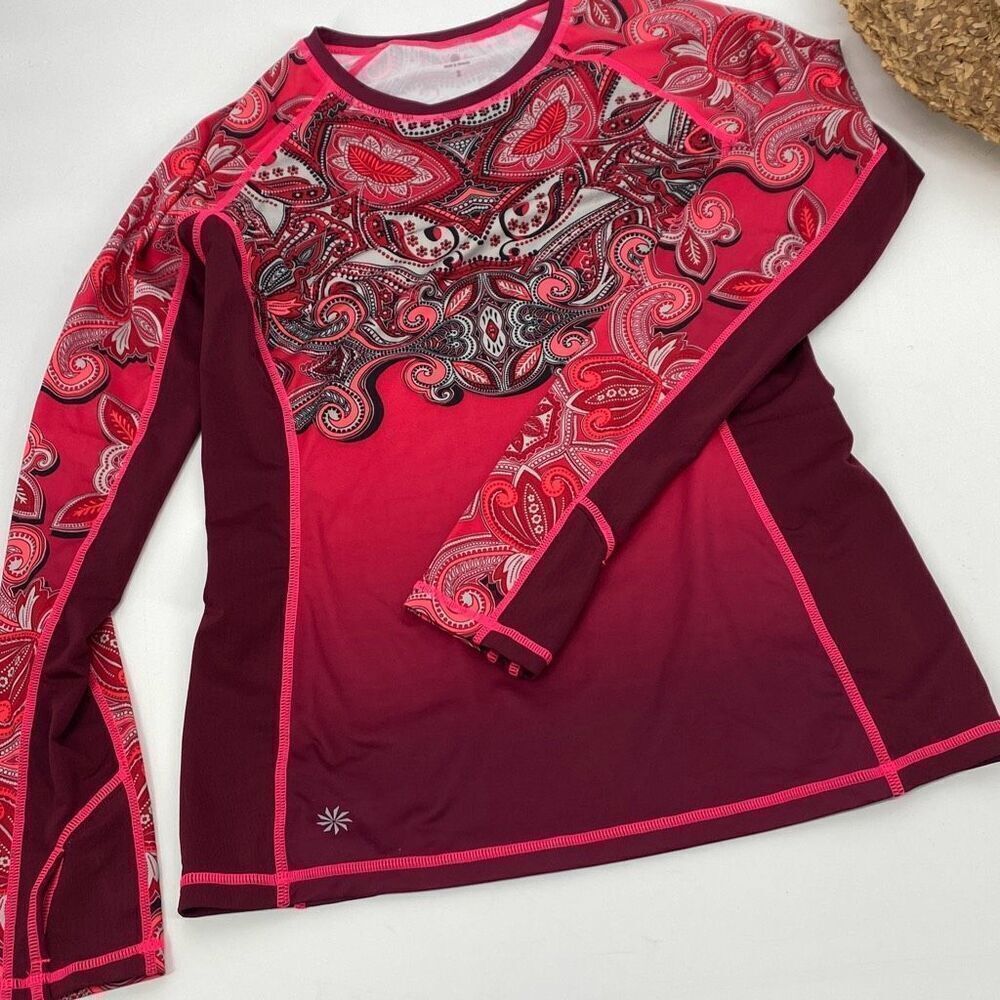 Athleta Womens Runaway Long Sleeve Paisley Athletic‎ Top Size S Pink Plum Black